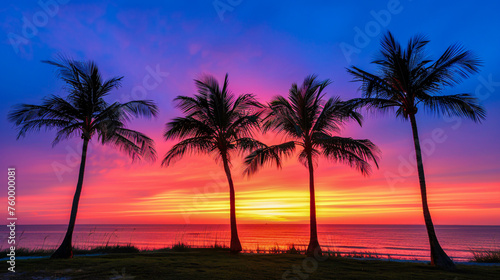 Tranquil Beach Sunset with Palm Silhouette, Exotic Vacation and Paradise Landscape © Rabbi