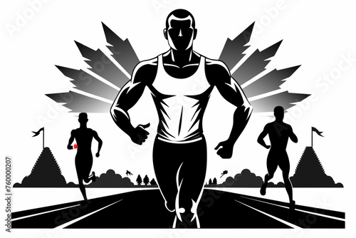 marathon runner silhouette, black and white, front view