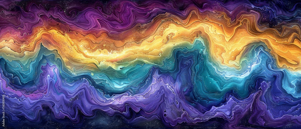 A painting of vibrant waves of liquid paint against a dark backdrop, featuring an empty space in the lower right corner. A painting of vibrant waves of liquid paint against a dark backdrop, featuring an empty space in the lower right corner.