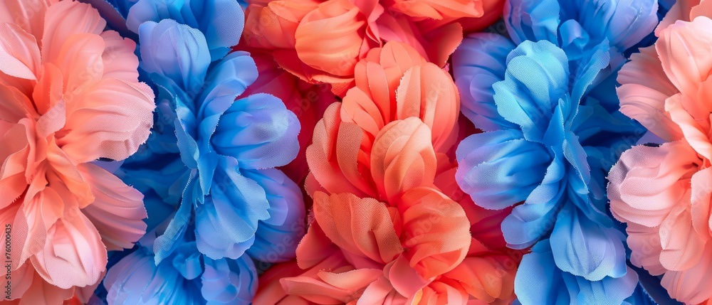  A macro shot of a vase filled with multi-colored blooms (blue, pink, orange)