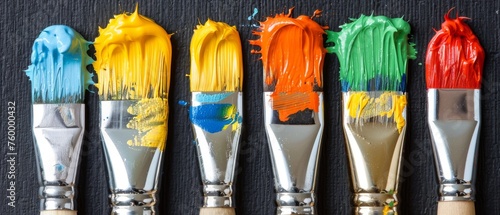  A row of colorful paintbrushes with distinct hues atop each brush.