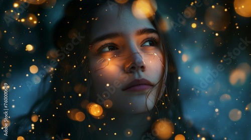 An ethereal image of a girl model surrounded by softly glowing fireflies against a deep midnight blue background.