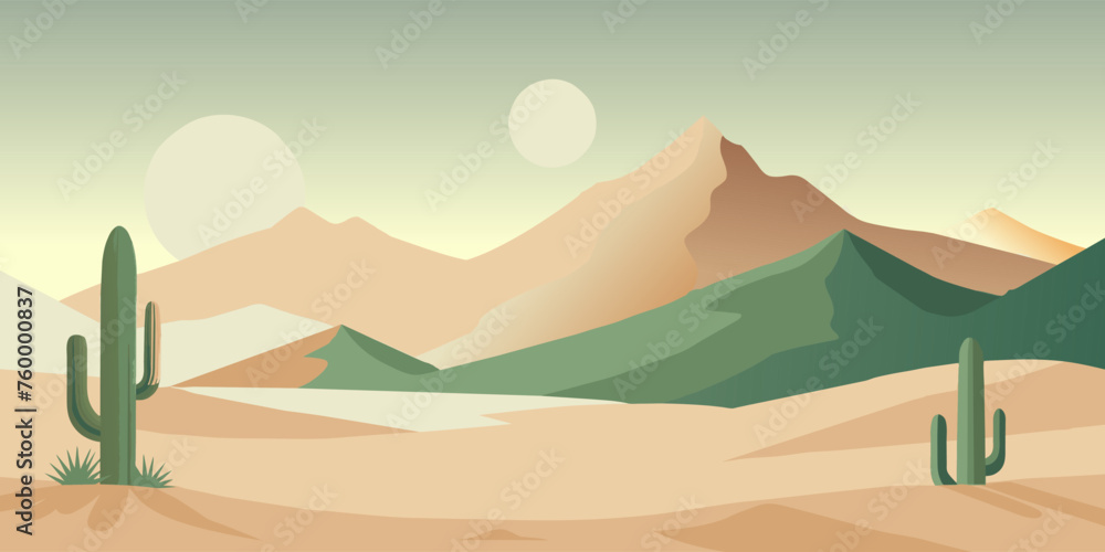 Tranquil, serene desert landscape at twilight with warm pastel colors, cacti, and peaceful mountains, depicted in stylized minimalist illustration. Festive poster, mexican background, Mexico backdrop