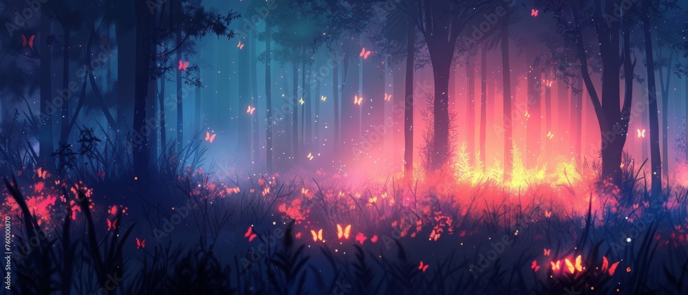  A forest ablaze with crimson and amber fireflies, soaring aloft amidst towering trees and lush grass
