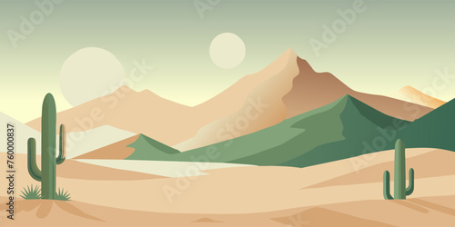 Tranquil  serene desert landscape at twilight with warm pastel colors  cacti  and peaceful mountains  depicted in stylized minimalist illustration. Festive poster  mexican background  Mexico backdrop