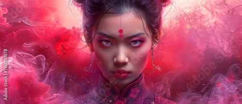  Optimized and fixed: A digital portrait depicts a lady in a bun, encircled by pink smoke. Her hair and attire are visible. The painting features red eyes