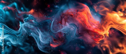  A dark background with various colored smoke particles floating and stars in the center.