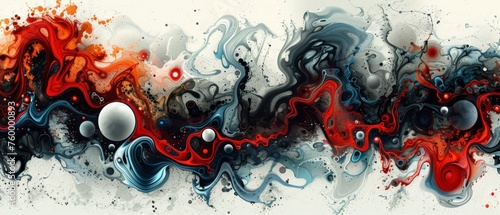  An abstract artwork featuring red, black, white swirls, and a central white orb.