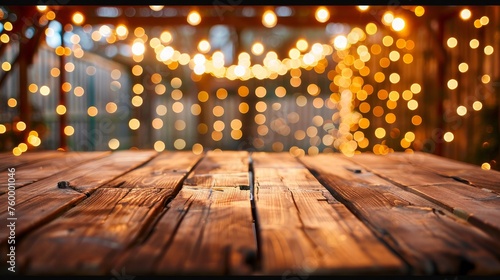 A rustic wooden table set against a vibrant backdrop of twinkling lights, creating a warm and inviting ambiance