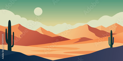 Stylized flat vector illustration of a serene desert scene during sunset with large cacti and mountains. Festive poster, mexican background, Mexico backdrop for festival Cinco de mayo