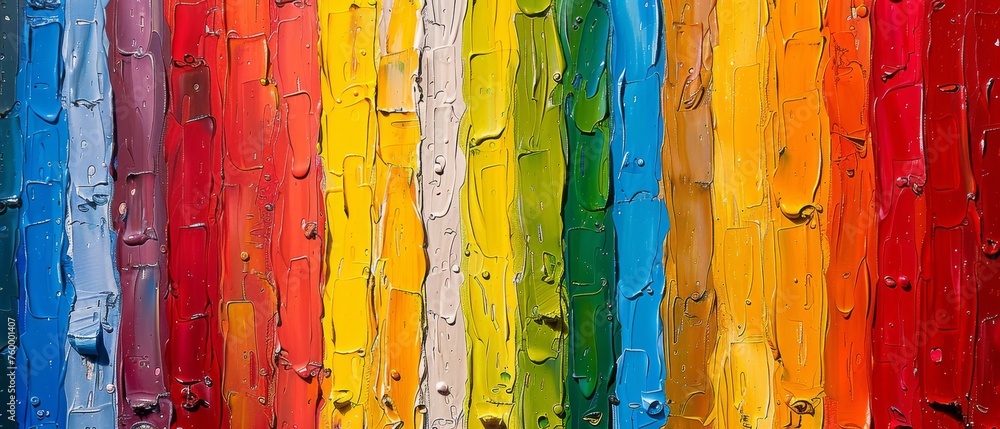 A close-up of a rainbow wall with water droplets at the base. A close-up of a rainbow wall with water droplets at the base.