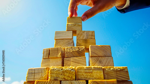 trategic Business Growth, Hand Building Wooden Block Tower photo
