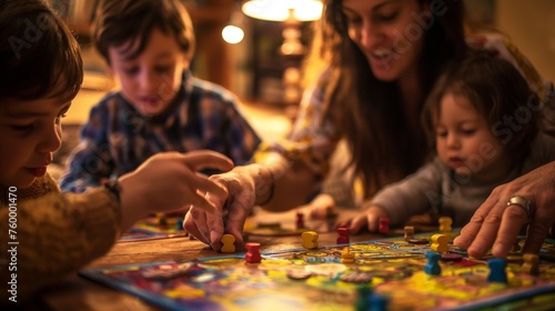 An evening of board games, with a family engrossed in fun and friendly competition.