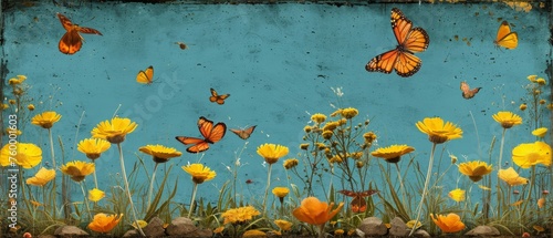  A swarm of orange butterflies soaring over a sunlit meadow with boulders up front and a cerulean sky overhead photo