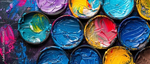  A detail image featuring various paint cans in distinct hues, with their contents visible from an interior perspective