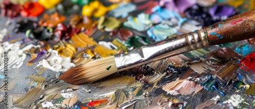  A palette with various brushes and paints arranged artfully