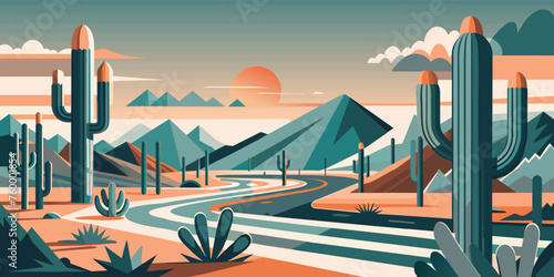 Stylized flat illustration of cacti and mountains against a sunset sky. Festive poster, mexican background, Mexico backdrop for festival Cinco de mayo