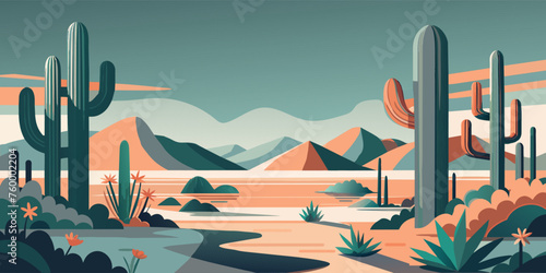 Stylized flat illustration of cacti and mountains against a sunset sky. Festive poster, mexican background, Mexico backdrop for festival Cinco de mayo photo