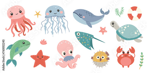 Cute sea animals set. Sea life collection. Vector illustration.