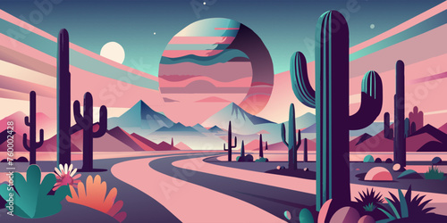 Stylized flat illustration of a desert landscape at sunset with cacti and sombrero. Festive poster, mexican background, Mexico backdrop for festival Cinco de mayo