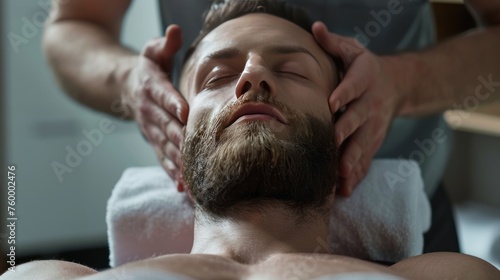Masseur work manual therapist making anti aging face massage in spa center, A man receiving a massage in a relaxing room. Perfect for spa and wellness concepts