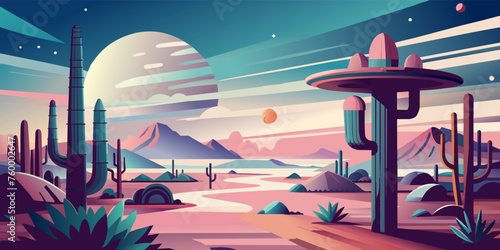 Stylized flat illustration of a desert landscape at sunset with cacti and sombrero. Festive poster, mexican background, Mexico backdrop for festival Cinco de mayo