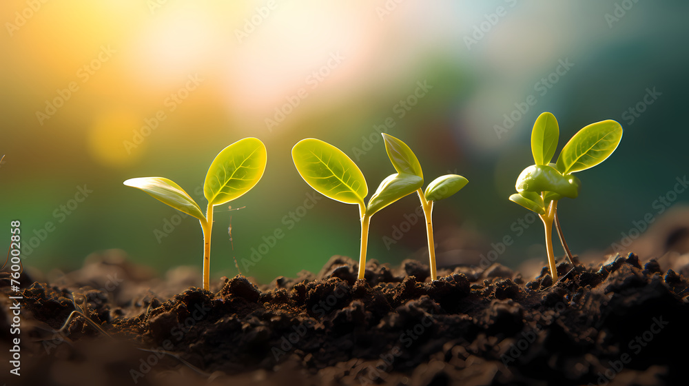 Growing plant seedlings in soil, concept of healthy organic food Growing plant seedlings in soil, concept of healthy organic food