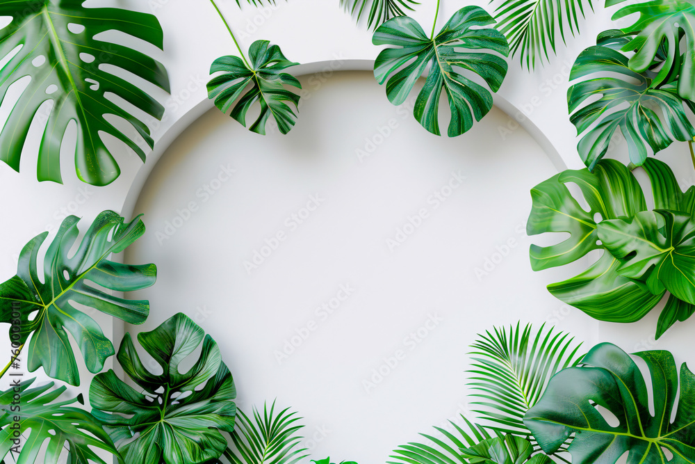 Tropical Green Leaves Frame, Summer Flat Lay on Pink Background Tropical Green Leaves Frame, Summer Flat Lay on Pink Background