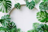 Tropical Green Leaves Frame, Summer Flat Lay on Pink Background