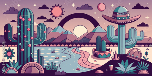 Stylized flat illustration of a desert landscape at sunset with cacti and sombrero. Festive poster, mexican background, Mexico backdrop for festival Cinco de mayo