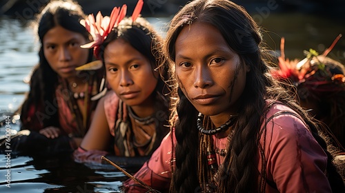 Three people with traditional jewelry and headdresses, representatives of a culture or tribe
Concept: cultural diversity, social studies, ethnography, cultures and traditions.