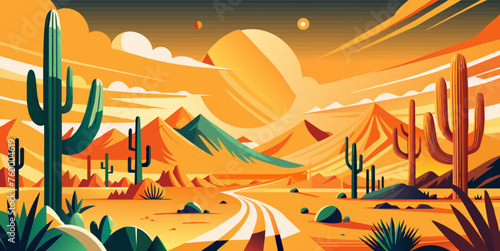 Tranquil flat digital illustration of a serene desert sunset with cacti. Mountain and warm orange sky in a southwestern landscape. Poster, mexican background, Mexico backdrop photo