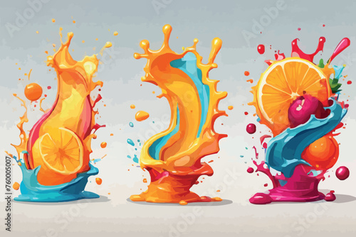 Juice fruit mix splash. Isolated vector vibrant fruity eruption, colorful splashing, realistic refreshing blend of citrus, berries, and tropical flavors.