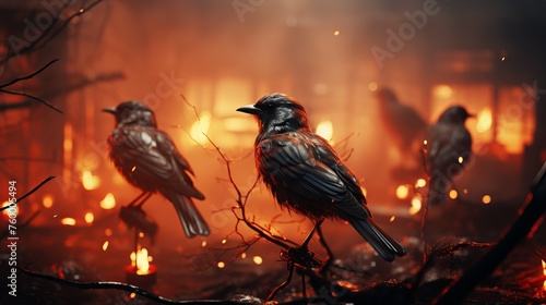 Two birds sit on a branch against the backdrop of a burning city with flickering lights and a mysterious atmosphere. Concept: birds, firestorm, massive fire