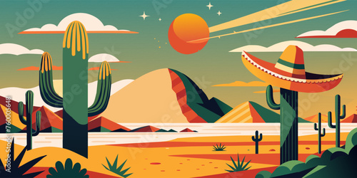 Stylized flat vector desert landscape with cacti, mountains, and a colorful sunset sky. Festive poster, mexican background, Mexico backdrop for festival Cinco de mayo