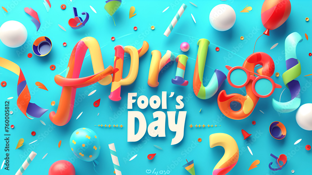 3D illustration for April fool's day with balloons on a blue background - obrazy, fototapety, plakaty 
