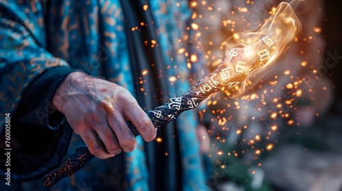 Man Holding Magical Wand with Fire, This image would be perfect for conveying a sense of magic, mystery, and the supernatural It would work well in photo