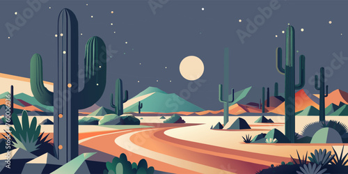 Flat colorful illustration of a desert with cacti, mountains, and planets in the sky. Festive poster, mexican background, Mexico backdrop for festival Cinco de mayo