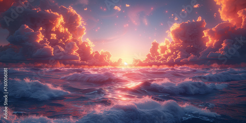 A beautiful sunset over the ocean with pink clouds in the sky