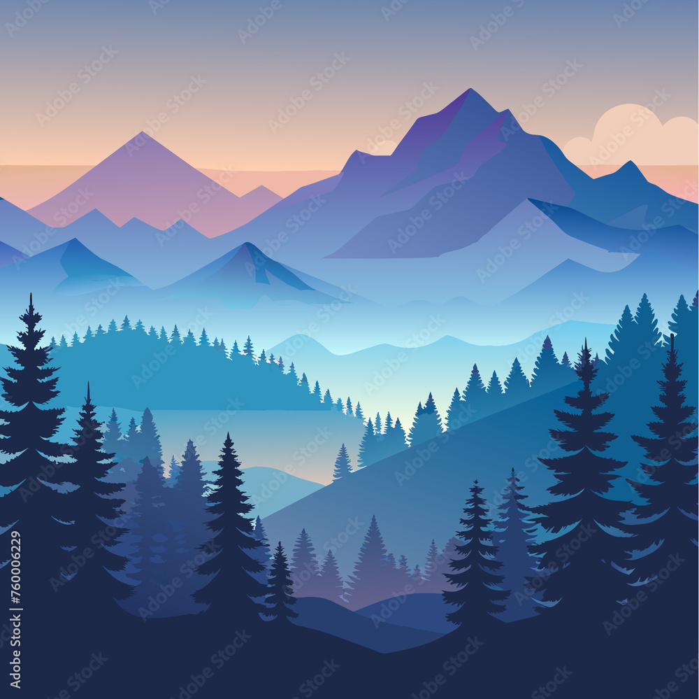 Landscape with mountains and coniferous forest. Vector illustration. - obrazy, fototapety, plakaty 