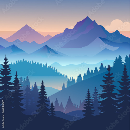 Landscape with mountains and coniferous forest. Vector illustration. photo