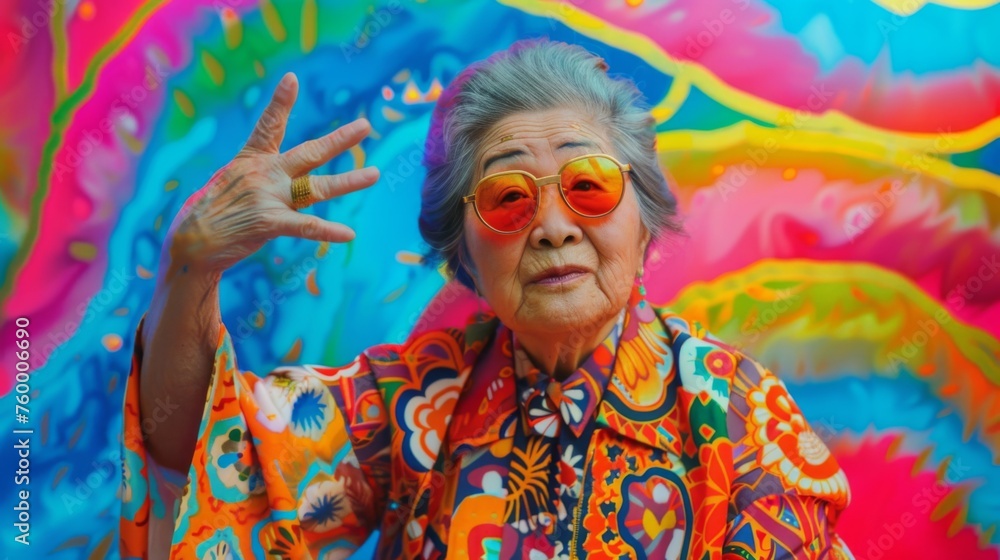 Fototapeta premium Cheerful senior woman in front of a painted wall