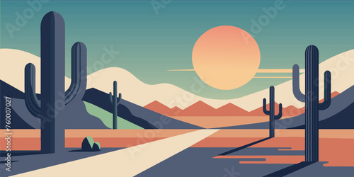 Flat vector illustration of a peaceful desert landscape featuring a winding road and cacti at sunset. Festive poster, mexican background, Mexico backdrop for festival Cinco de mayo
