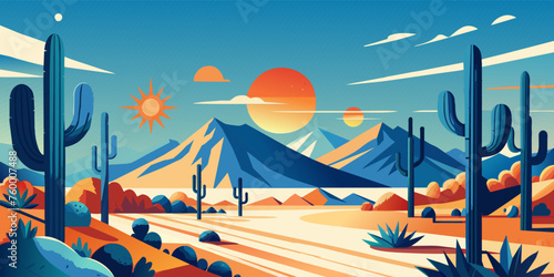 Serene flat vector artwork of a desert scene at sunset with cacti and mountains. Festive poster, mexican background, Mexico backdrop for festival Cinco de mayo