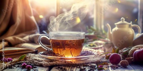 Steaming Herbal Tea in a Clear Cup with Teapot and Autumn Leaves.