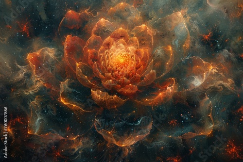 A glowing cosmic lotus flower with red and orange petals against a dark, star-filled space backdrop, symbolizing cosmic beauty.