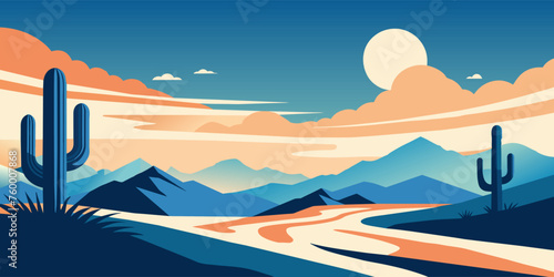 Serene flat vector artwork of a desert scene at sunset with cacti and mountains. Festive poster, mexican background, Mexico backdrop for festival Cinco de mayo