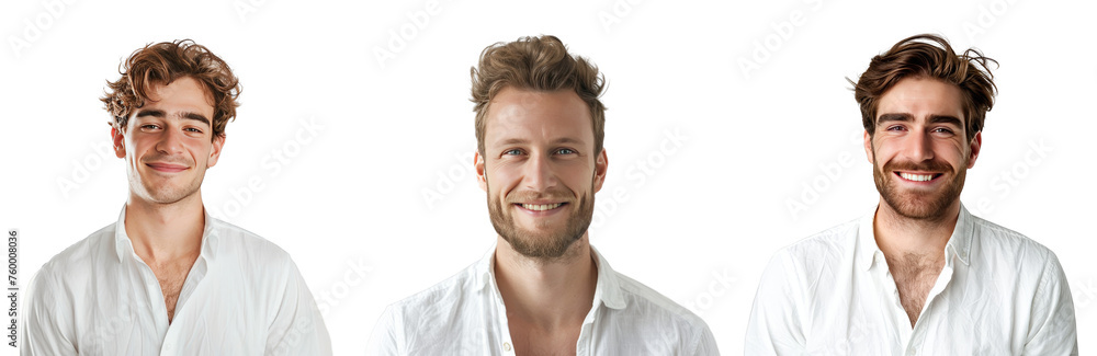 Obraz premium Portrait Collection of man with a white shirt with a happy face isolated on a white background as transparent PNG 