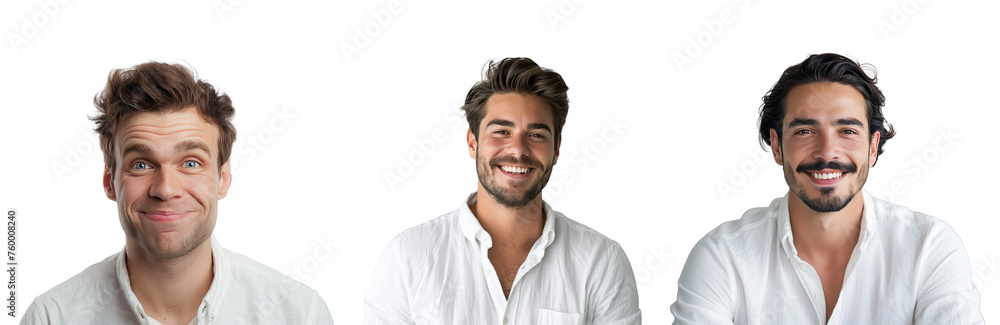 Portrait Collection of man with a white shirt with a happy face isolated on a white background as transparent PNG
Portrait Collection of man with a white shirt with a happy face isolated on a white background as transparent PNG
