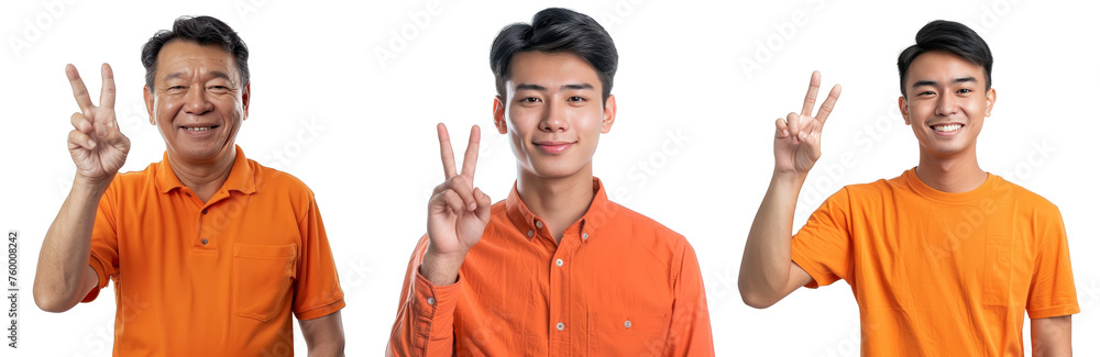 Portrait Collection of asian man in orange shirt with peace sign hand pose isolated on a white background as transparent PNG
Portrait Collection of asian man in orange shirt with peace sign hand pose isolated on a white background as transparent PNG